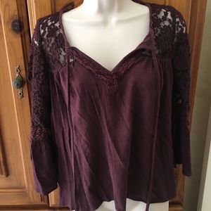 Burgundy Lace, Flowy Bell Sleeve, Peasant Top